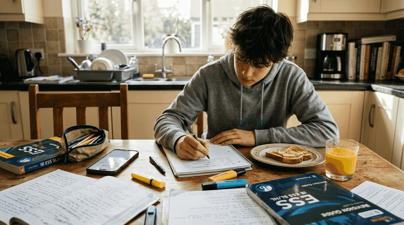 Student preparing for IB ESS exam at kitchen table