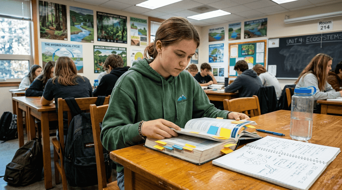 Student reviews textbook in environmental classroom