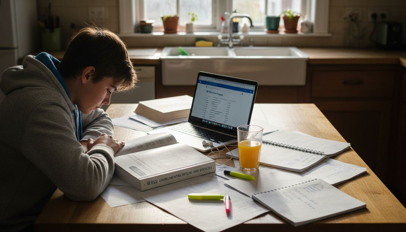 Student studying for IB ESS exam at kitchen table