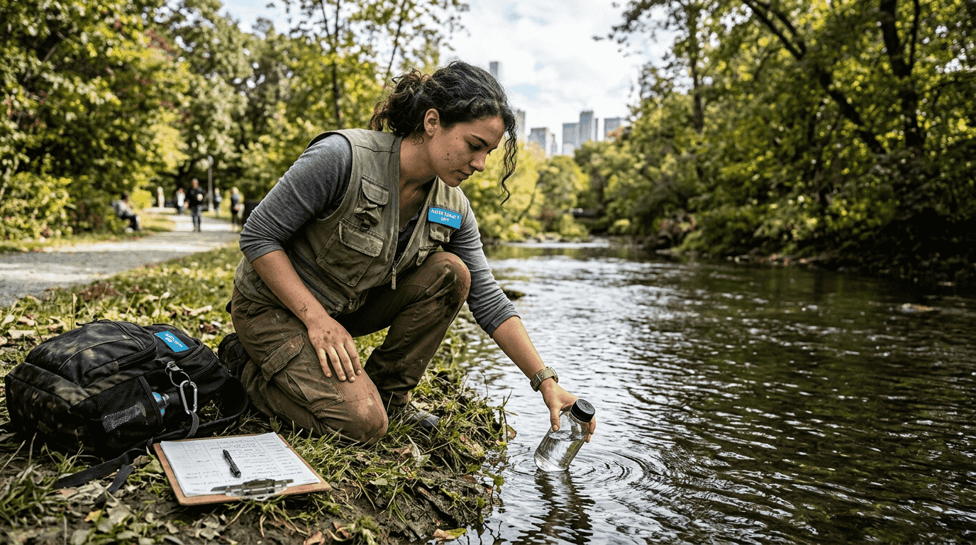 Scientist collecting water sample beside stream