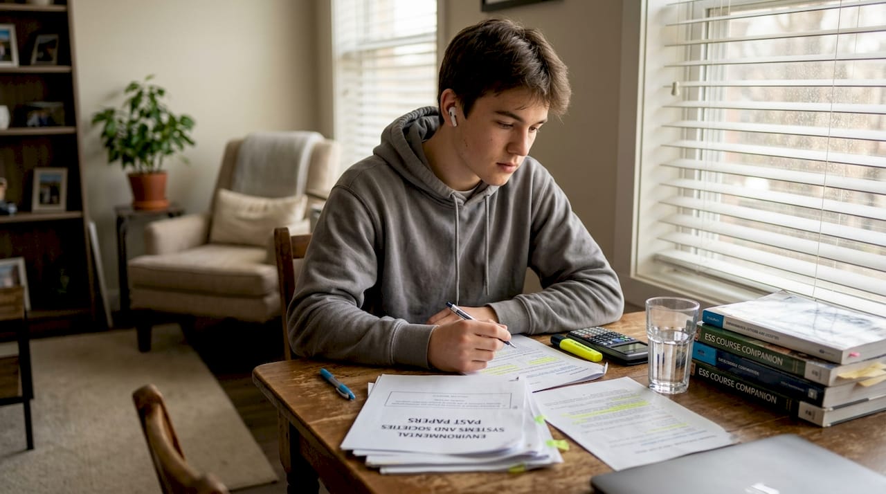 Student studying IB ESS past papers at table
