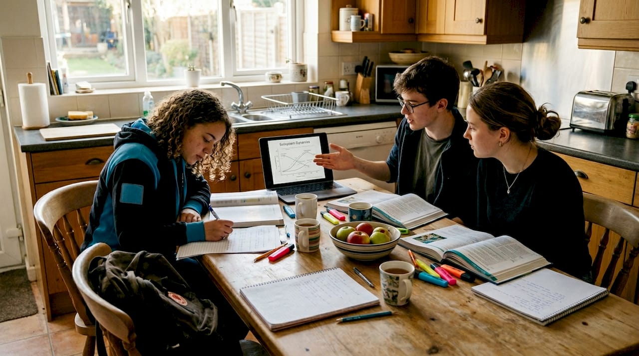 Students study environmental systems at kitchen table