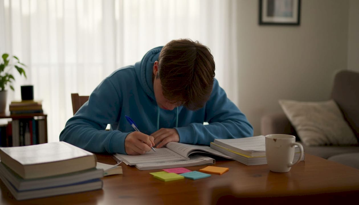 Student preparing for IB ESS at home table