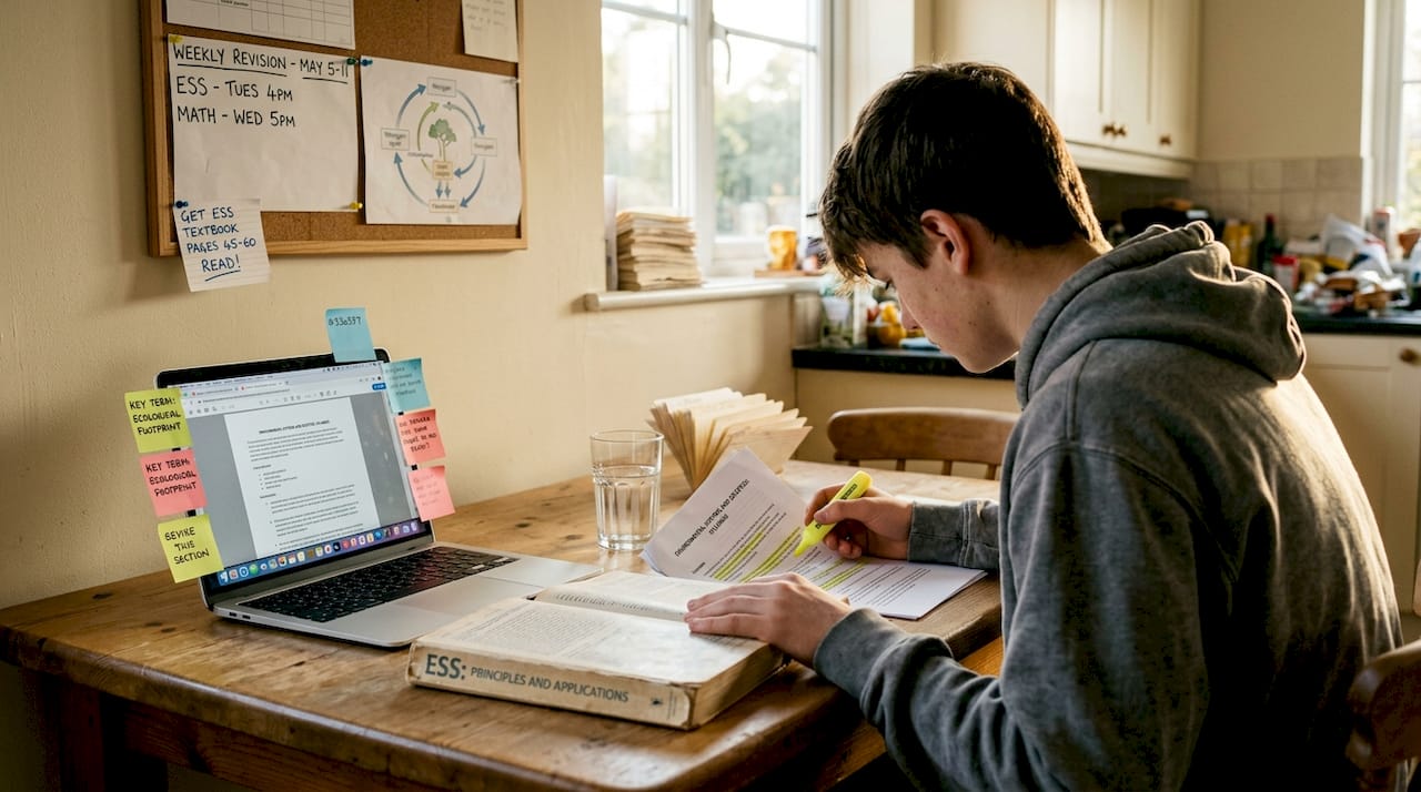 Student reviewing ESS syllabus at kitchen table