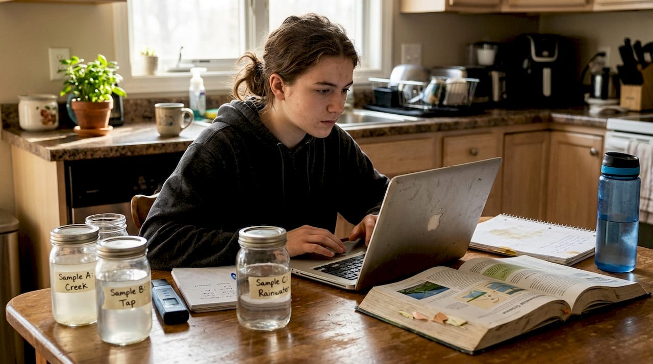 Student analyzes environmental data at kitchen table