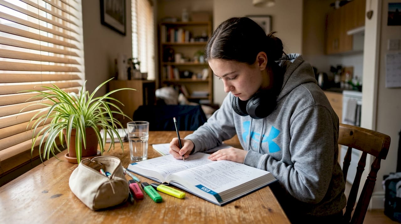 Student studying environmental concepts at table
