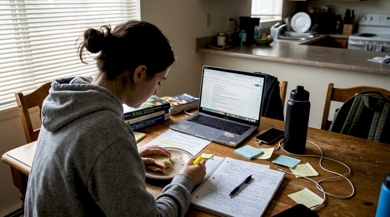 Student preparing for ESS exam at desk