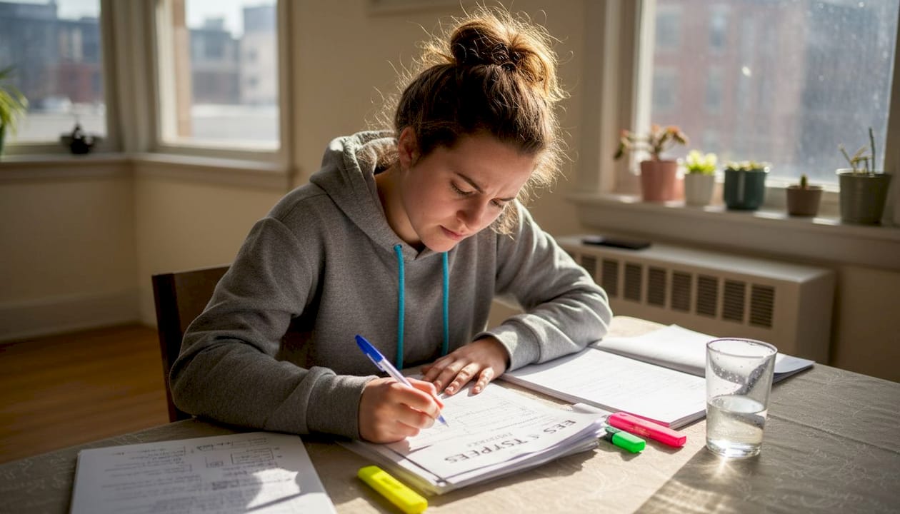 Student carefully reviewing ESS exam papers