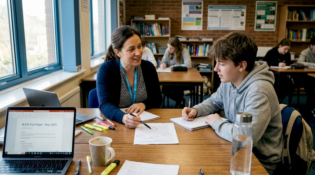 IB educator giving student feedback during exam prep