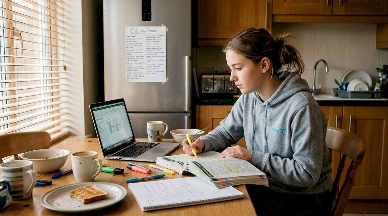 Student studying IB ESS at kitchen table