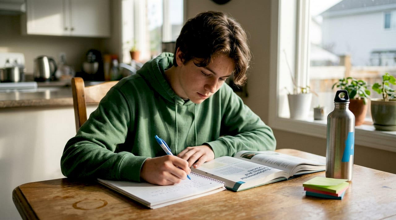 Student studying IB ESS at kitchen table
