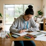 Student making ESS notes in sunlit living room
