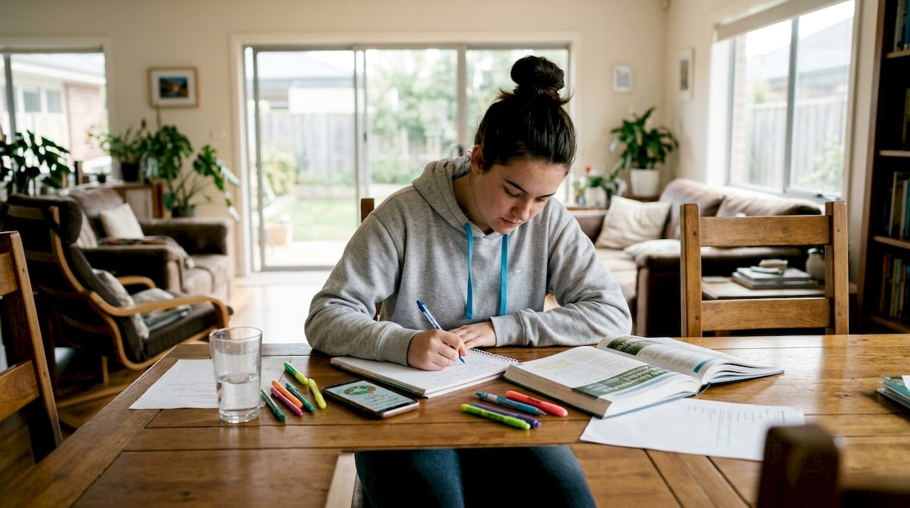 Student making ESS notes in sunlit living room