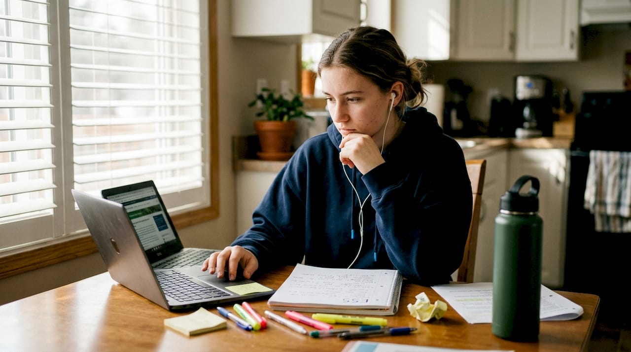Student studying environmental systems in kitchen