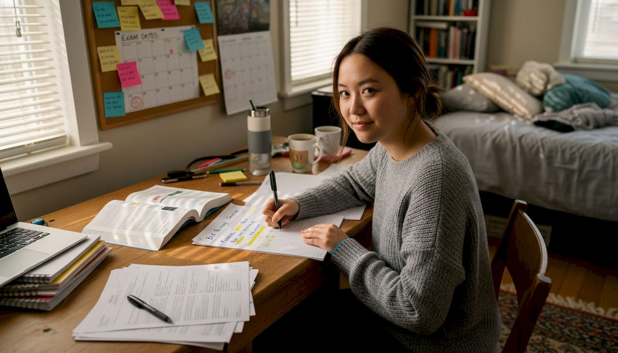 Student outlining essay at cluttered desk