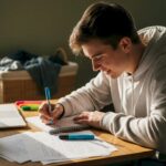 Student writing ESS IA notes at small desk