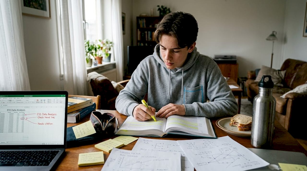 High school student studying ESS IB at home
