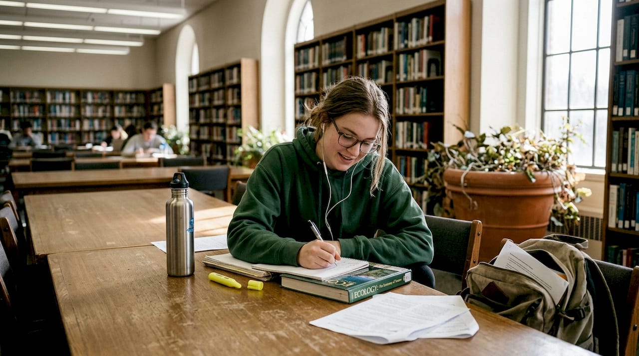 Student studying environmental science in library