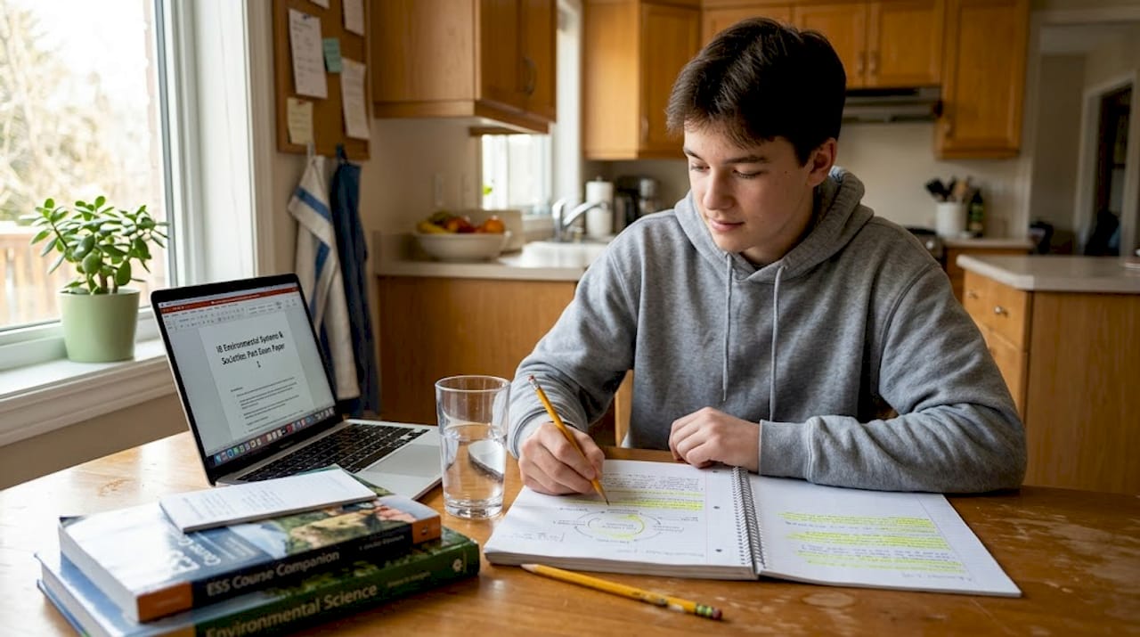 Teen studying ESS exam notes at kitchen table
