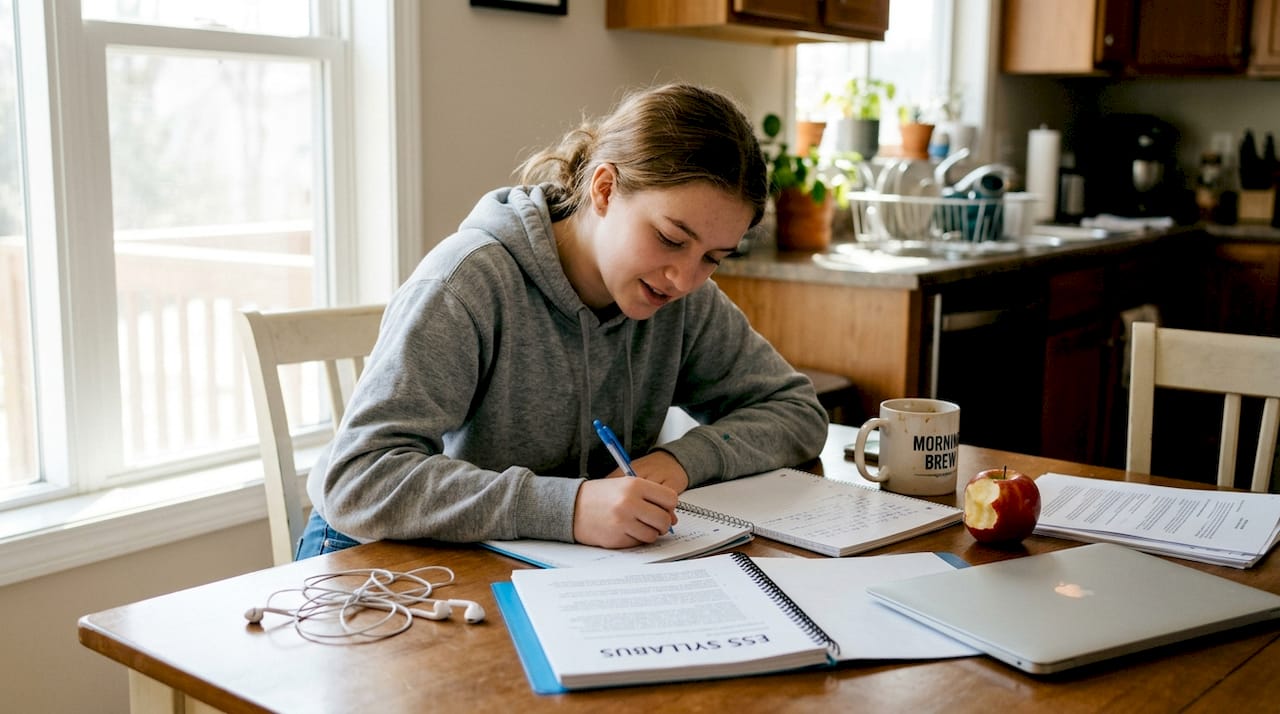 Student reviewing ESS syllabus at kitchen table