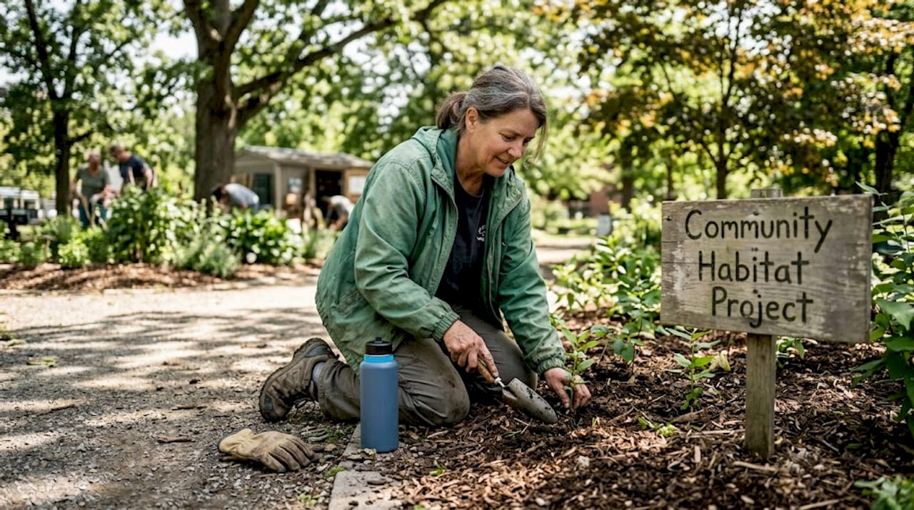 Woman weeding native plants in park