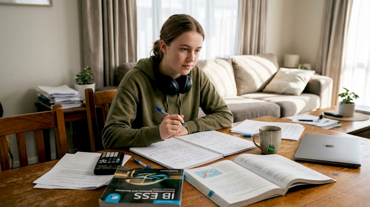 Student studying for IB ESS exam at home table