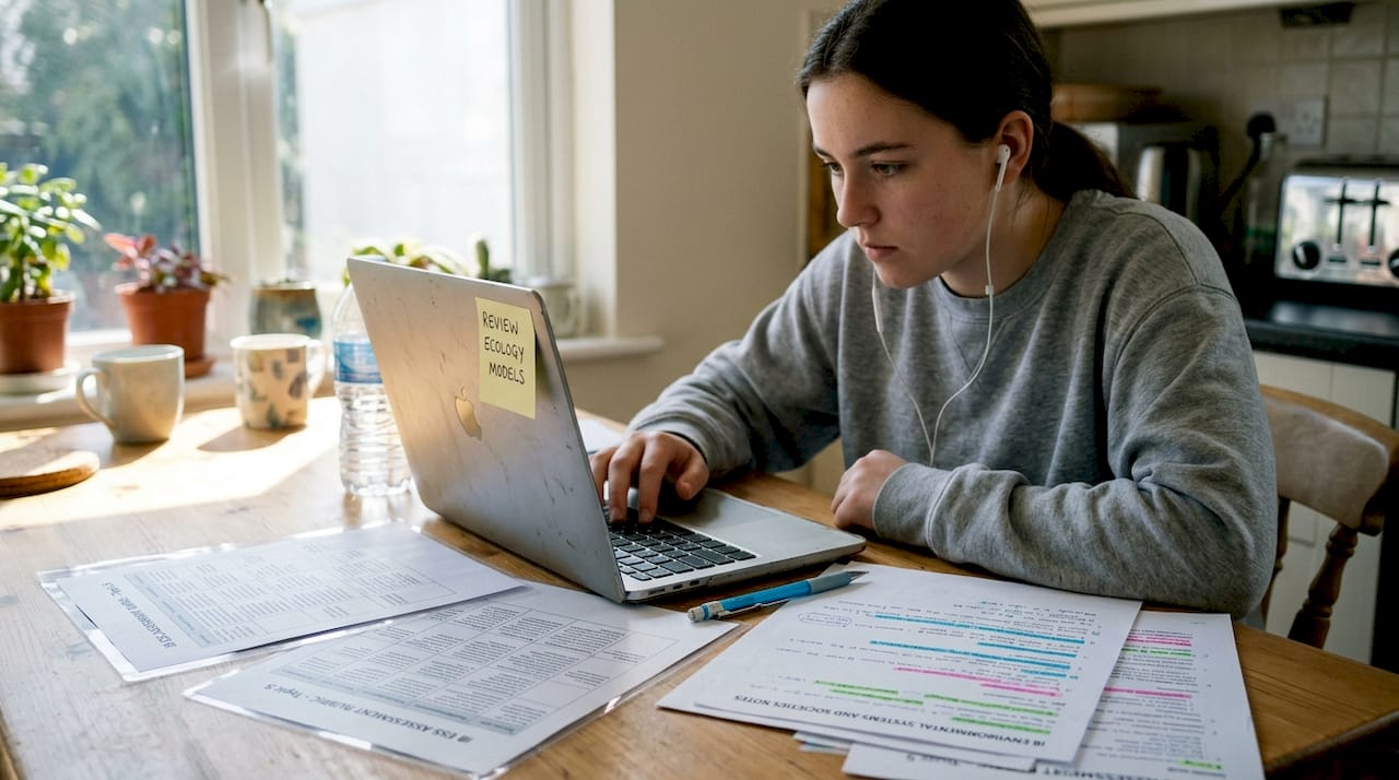Student reviewing IB ESS rubric notes at kitchen table