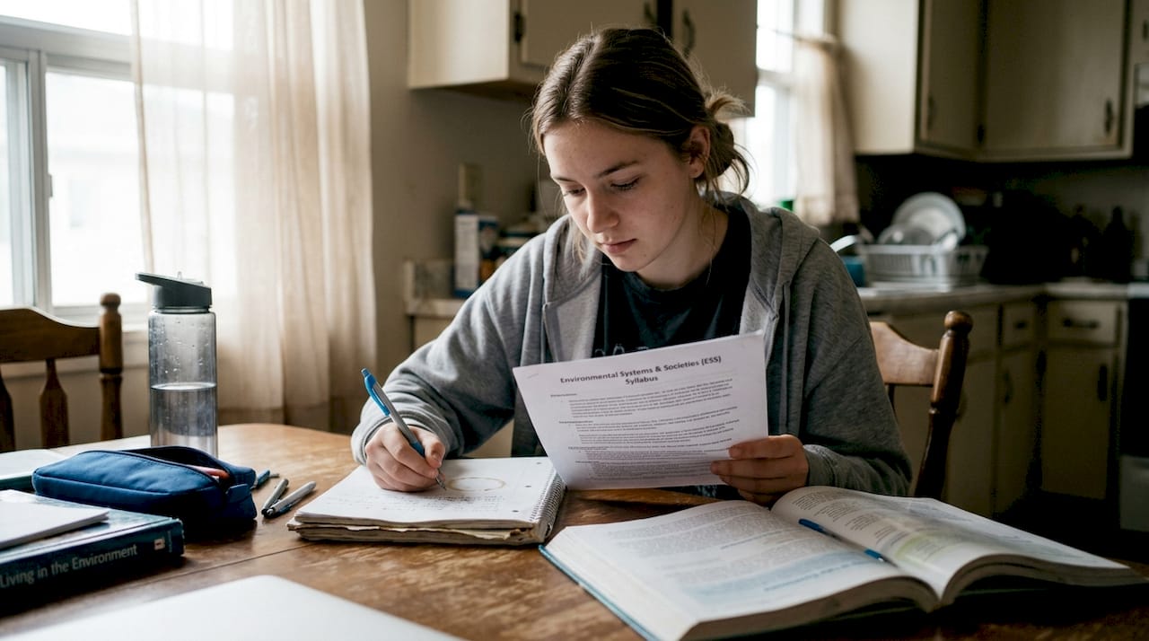 Student studying IB ESS syllabus at kitchen table
