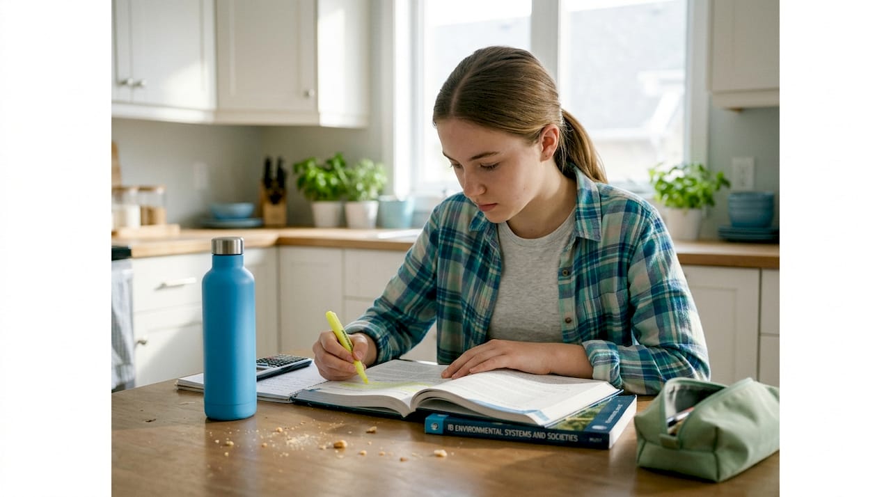 IB student highlighting textbook at kitchen table