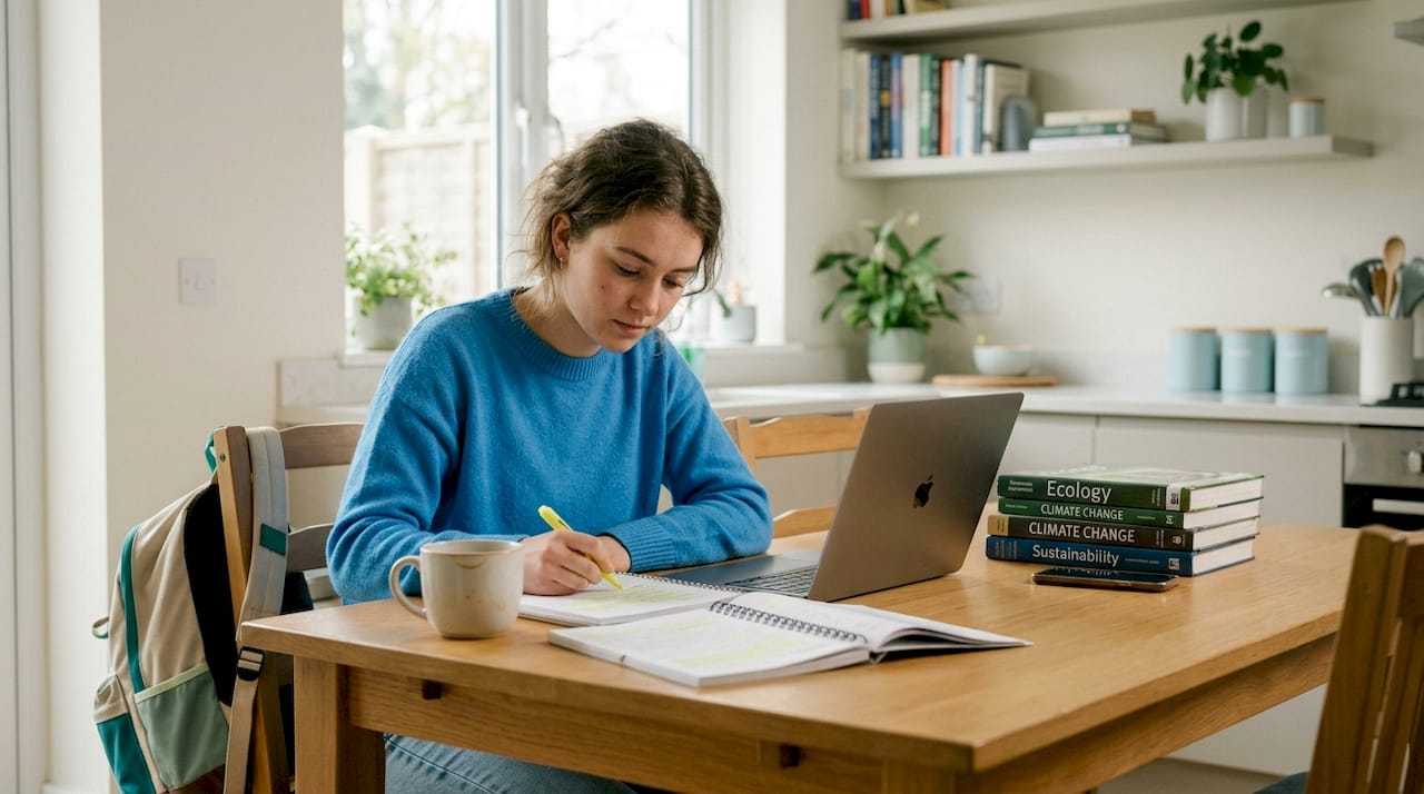 Student planning environmental science assessment at kitchen table