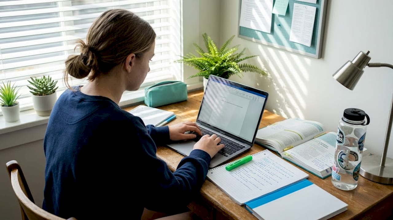 Student working on essay at study desk
