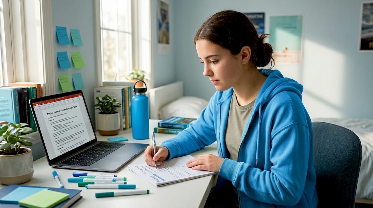 Student preparing IB coursework at desk