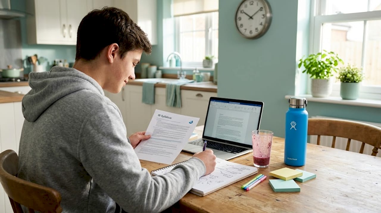 Student revising at a kitchen table workspace