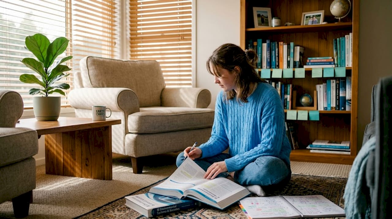 Student reviewing environmental systems in living room