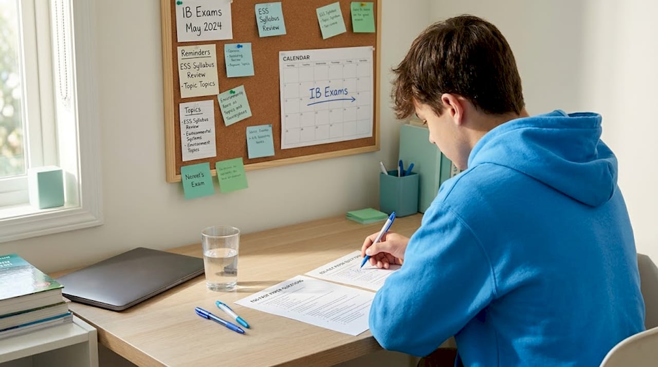 Student practicing ESS past papers at desk