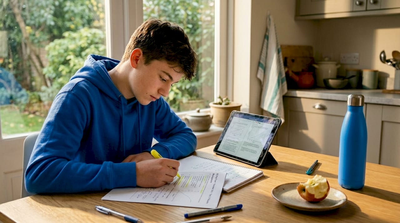 Student highlighting ESS exam paper at kitchen table