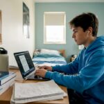 Student typing testimonial at cluttered desk
