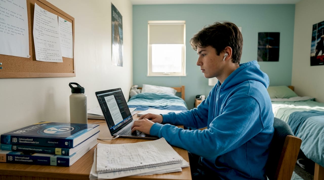 Student typing testimonial at cluttered desk