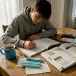 Student annotating ESS notes at kitchen table