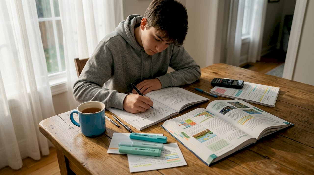 Student annotating ESS notes at kitchen table