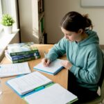 Student organizing ESS study workflow at kitchen table