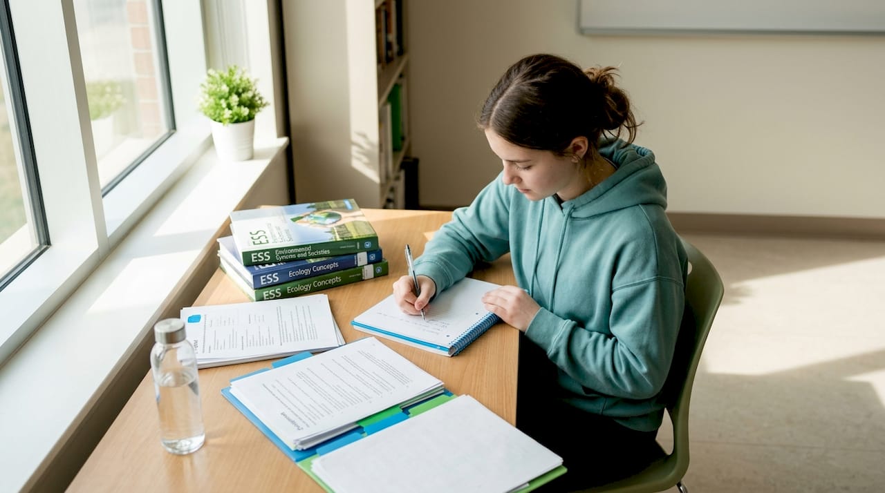 Student organizing ESS study workflow at kitchen table