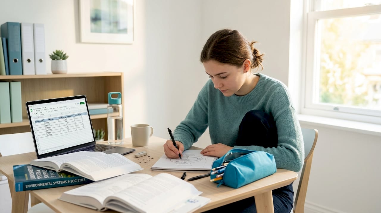 Student planning science investigation at kitchen table