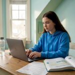 Student writing extended essay at home desk