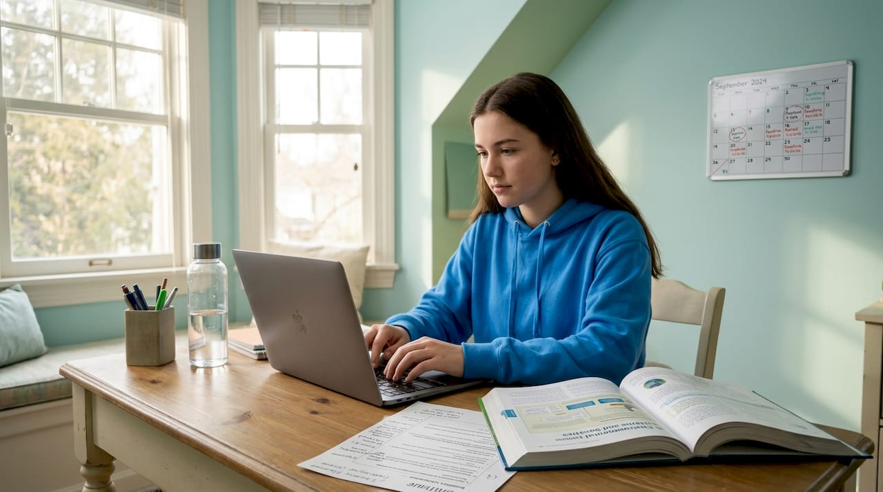 Student writing extended essay at home desk