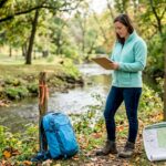 Environmental scientist conducting stream assessment in park