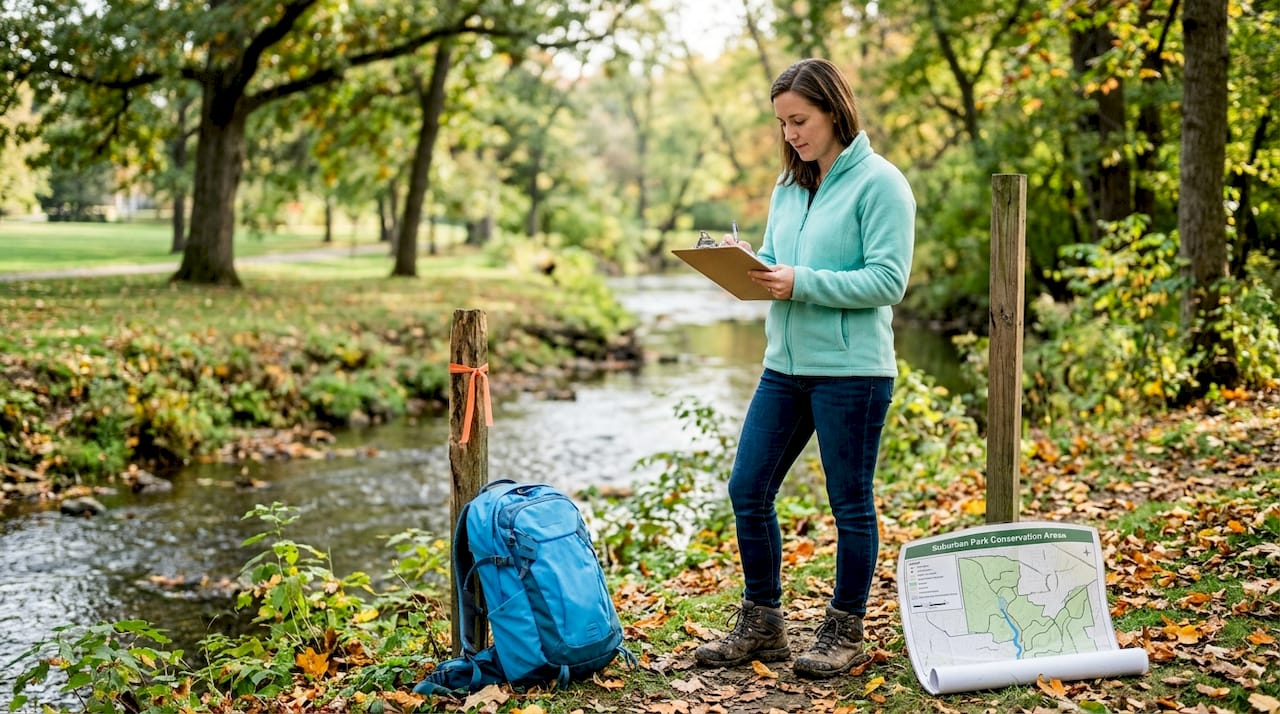 Environmental scientist conducting stream assessment in park