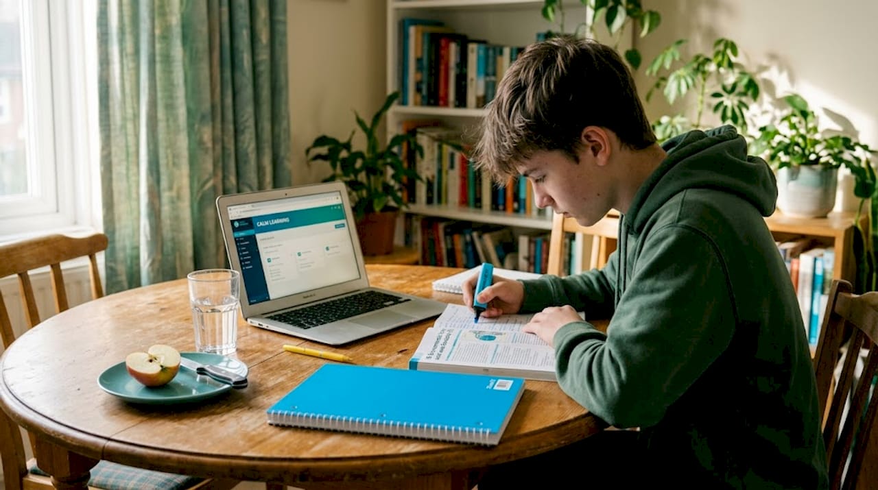 Student highlighting IB ESS textbook at kitchen table