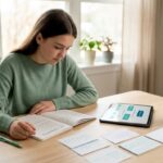 Student studying sustainability notes in bedroom