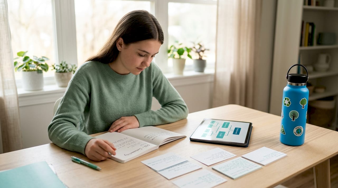 Student studying sustainability notes in bedroom